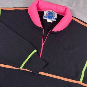 World Famous Skiing Black Neon Trim Quarter Zip Sweater Size S 30% Wool 90's VTG